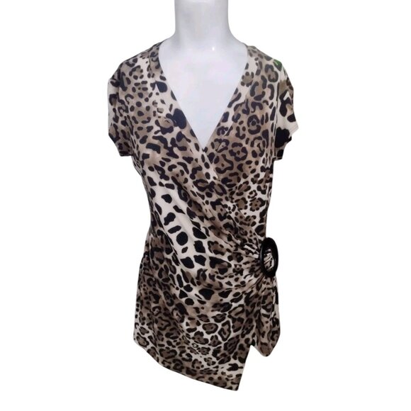 Cache Y2K Faux Wrap Animal Print Slinky Top Size M Cheetah Assymetrical - Picture 1 of 7